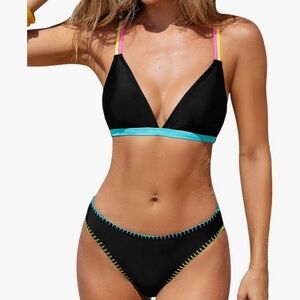 Cupshe Black Bikini with Blue and Pink Details